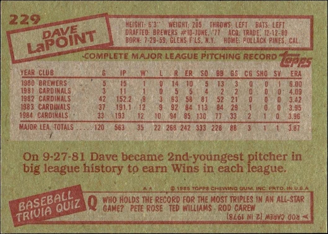 1985 Topps Dave LaPoint #229 baseball trading card back