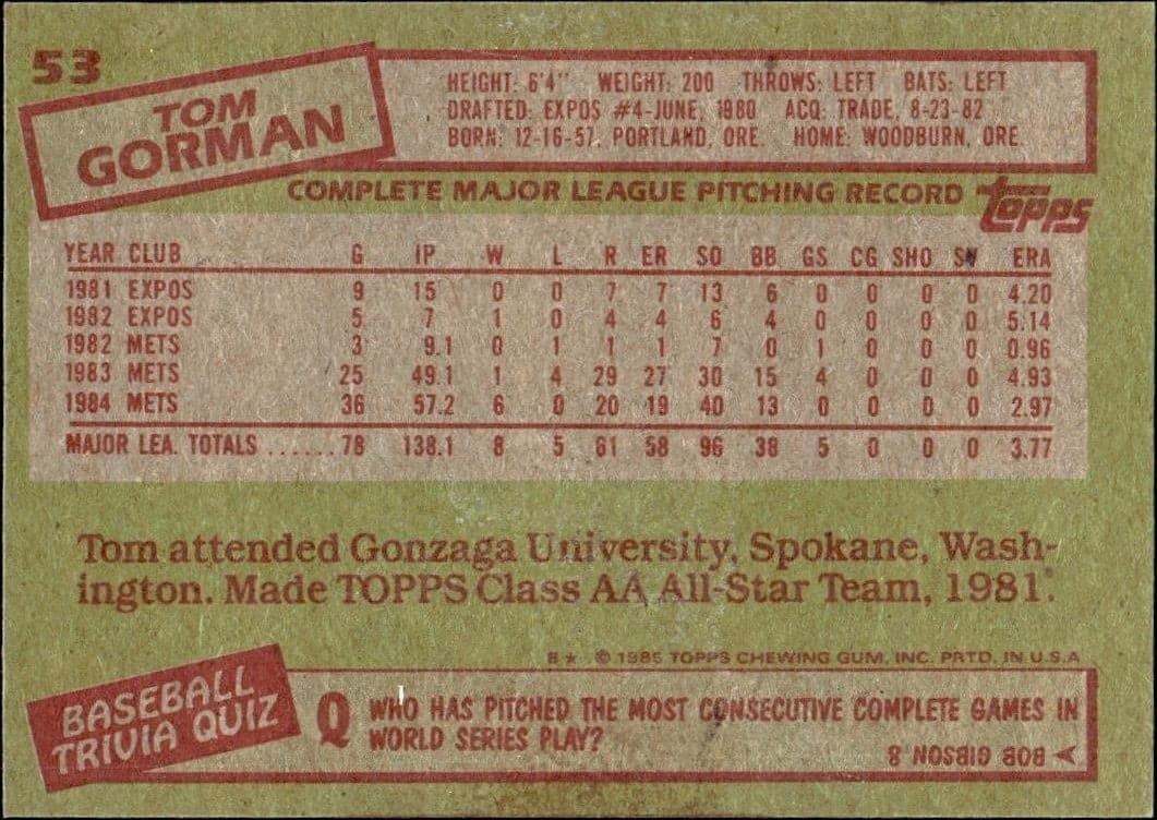 1985 Topps Tom Gorman #53 baseball trading card back