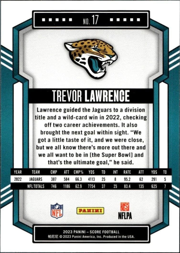 2023 Panini Score Trevor Lawrence #17 football trading card back