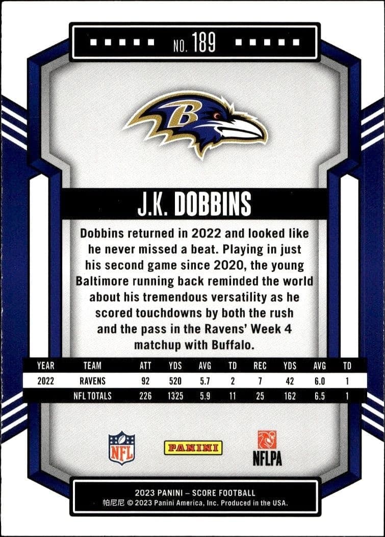 2023 Panini Score J.K. Dobbins #189 football trading card back