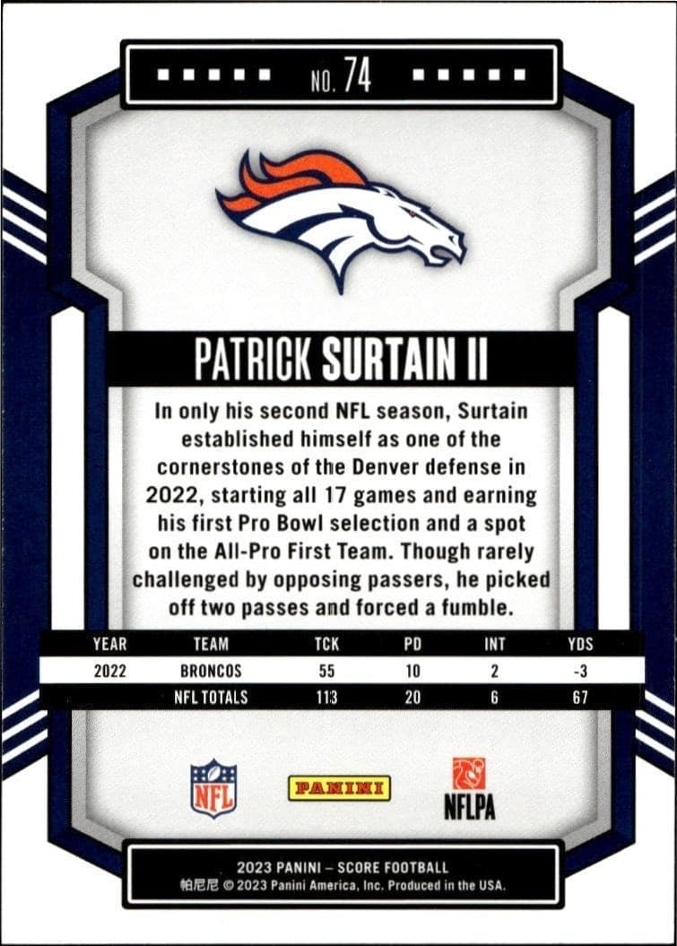 2023 Panini Score Patrick Surtain II #74 football trading card back