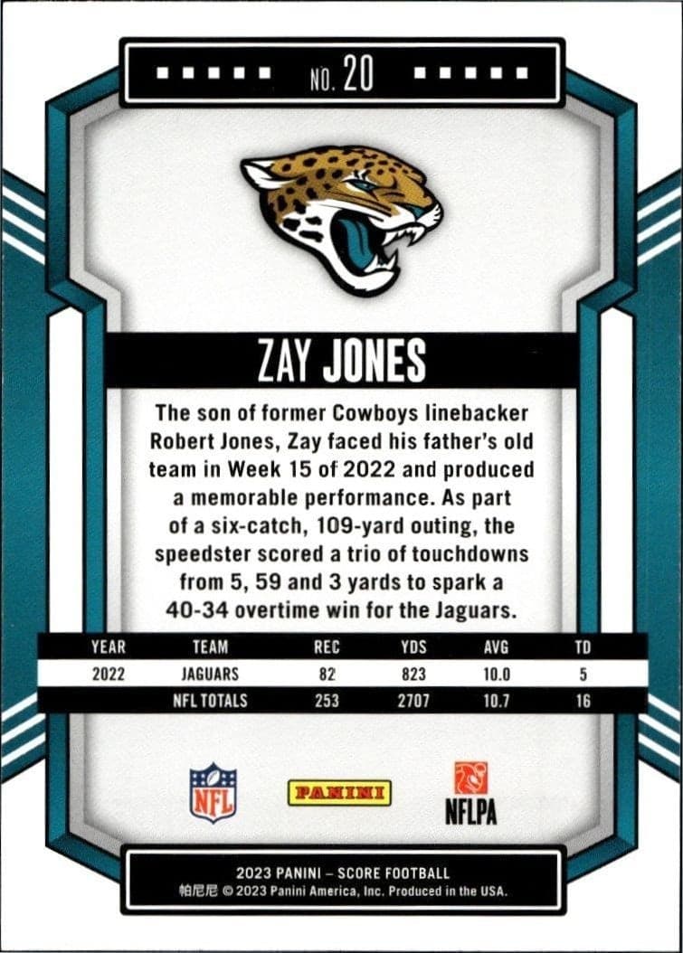 2023 Panini Score Zay Jones #20 football trading card back