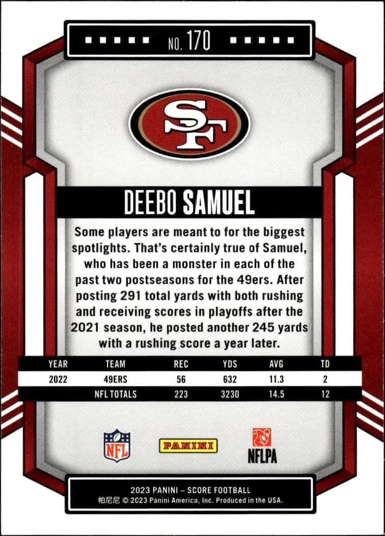 2023 Panini Score Deebo Samuel #170 football trading card back