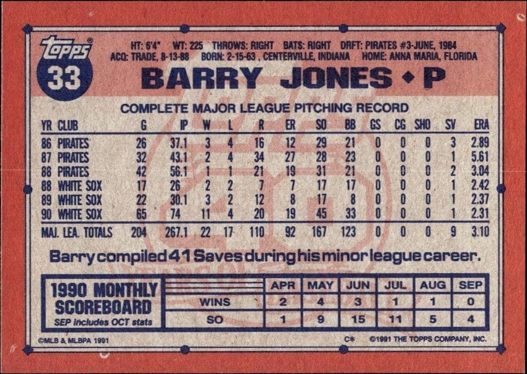 1991 Topps Barry Jones #33 baseball trading card back