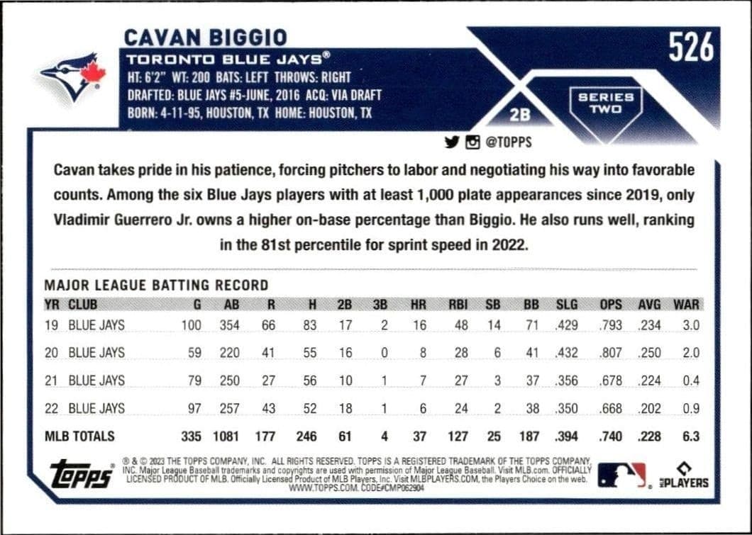 2023 Topps Series 2 Cavan Biggio #526 baseball trading card back