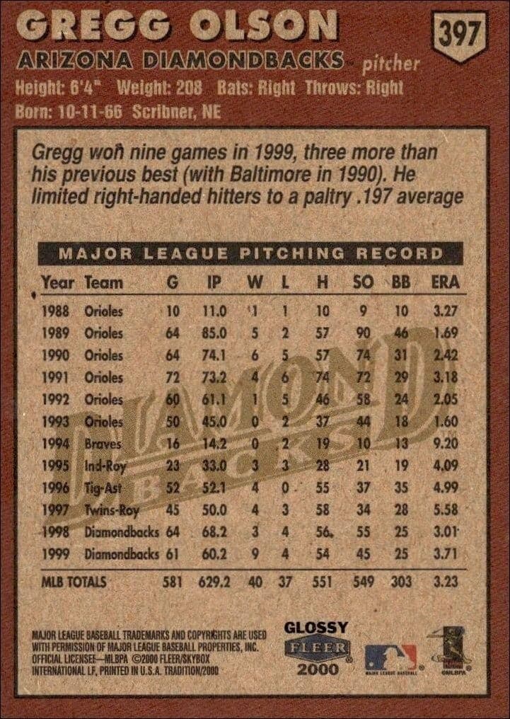 2000 Fleer Tradition Glossy Gregg Olson #397 baseball trading card back
