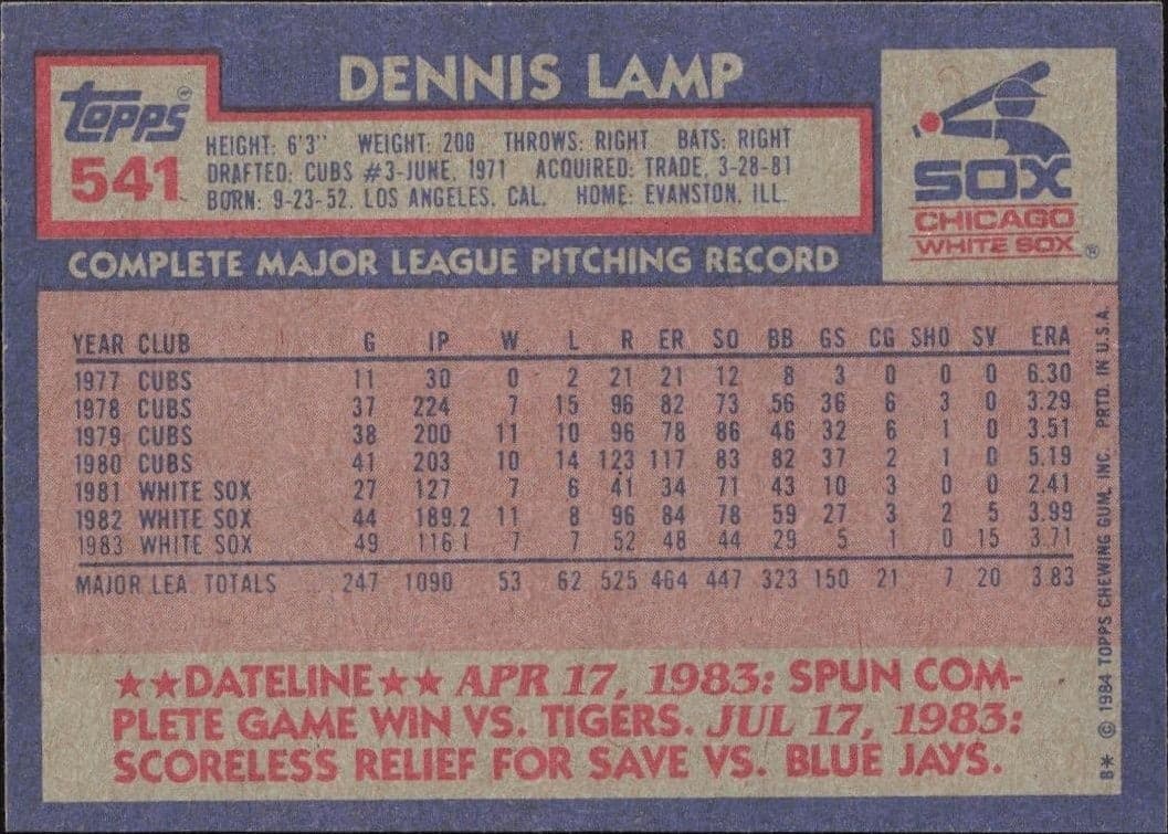1984 Topps Dennis Lamp #541 baseball trading card back