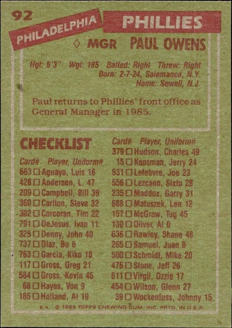 1985 Topps Paul Owens #92 baseball trading card back