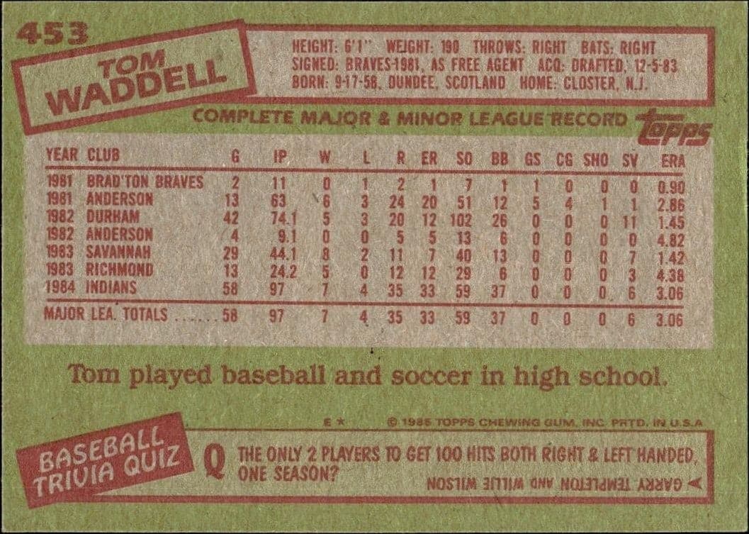 1985 Topps Tom Waddell #453 baseball trading card back