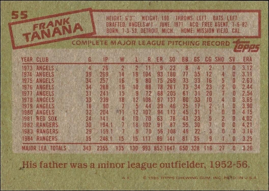 1985 Topps Frank Tanana #55 baseball trading card back