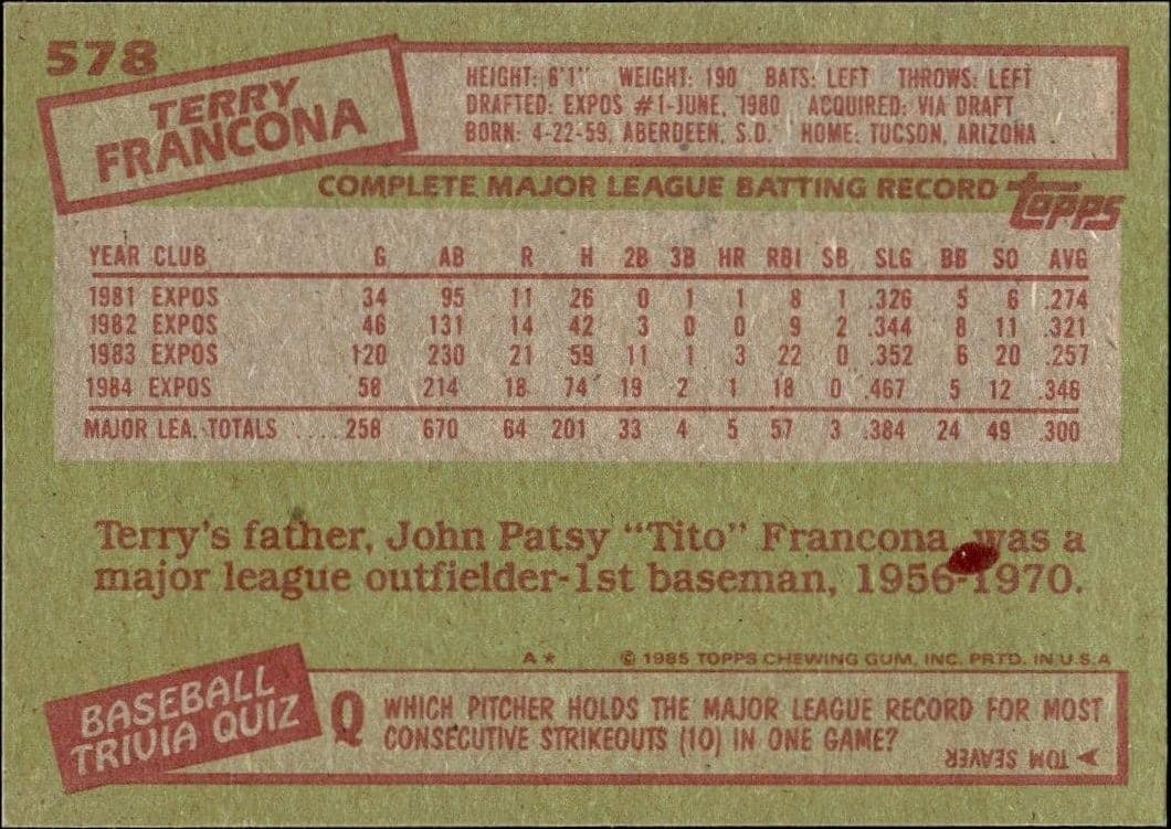 1985 Topps Terry Francona #578 baseball trading card back