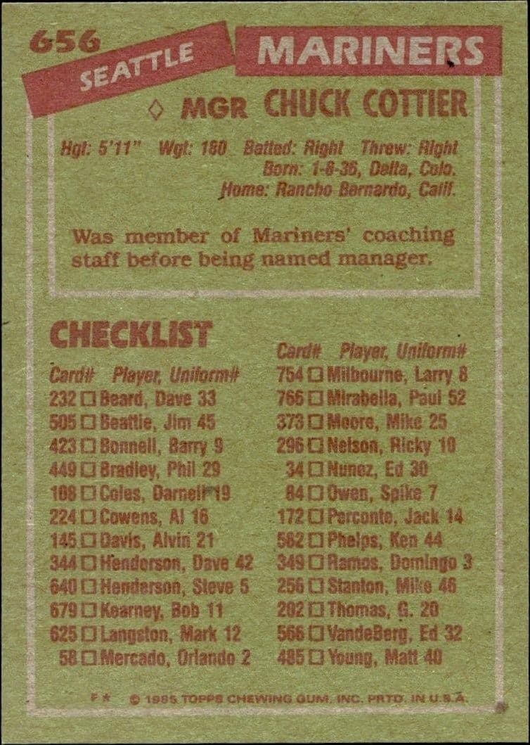 1985 Topps Chuck Cottier #656 baseball trading card back