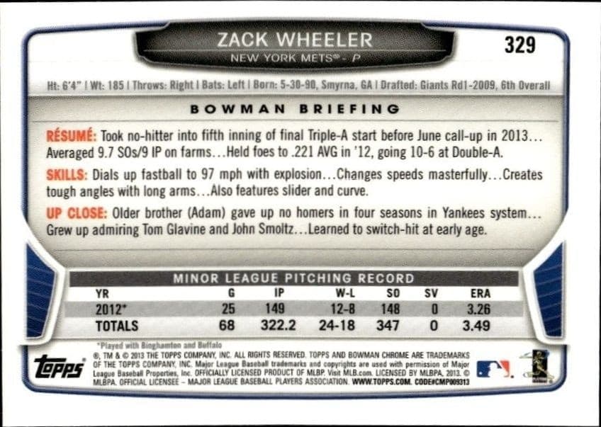 2013 Bowman Chrome Zack Wheeler #329 baseball trading card back