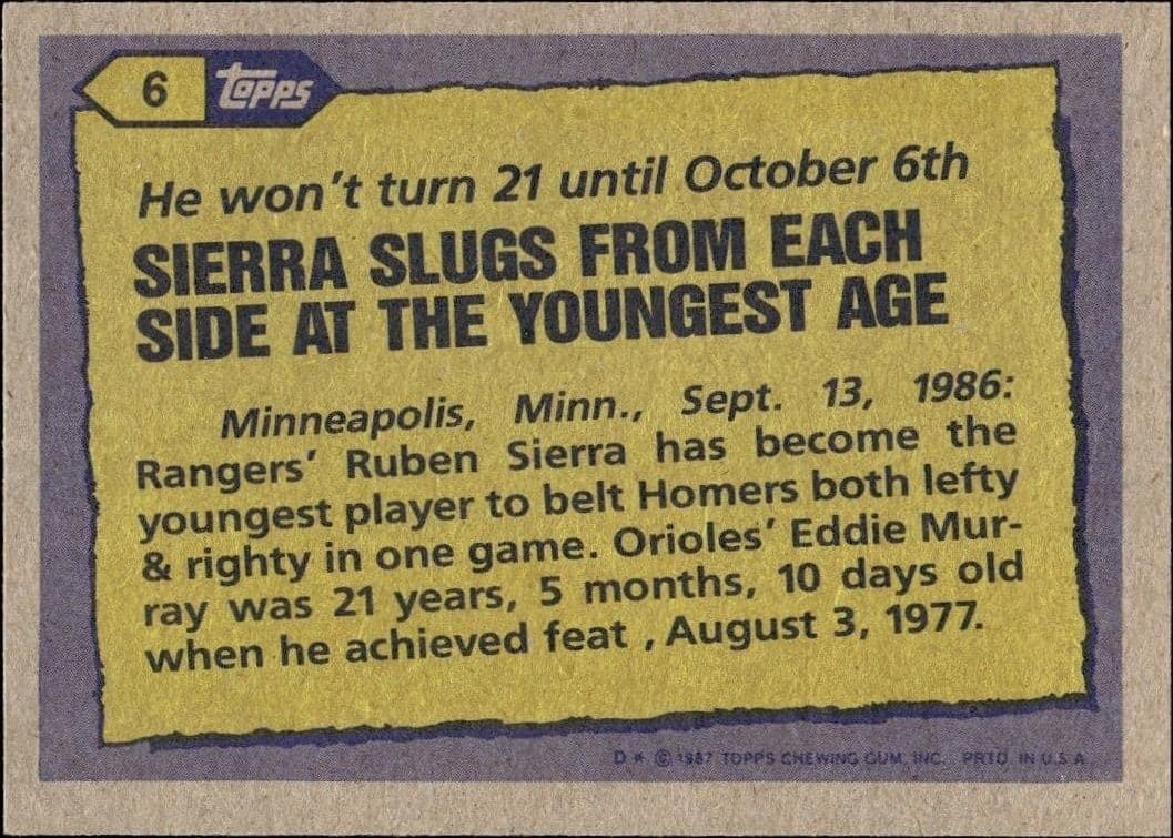 1987 Topps Ruben Sierra #6 baseball trading card back
