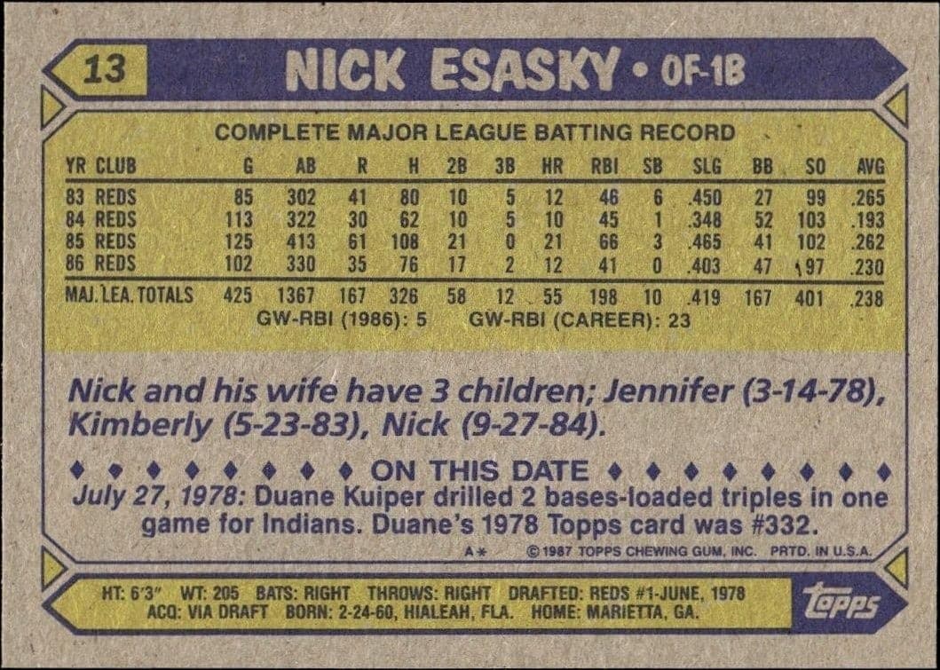 1987 Topps Nick Esasky #13 baseball trading card back