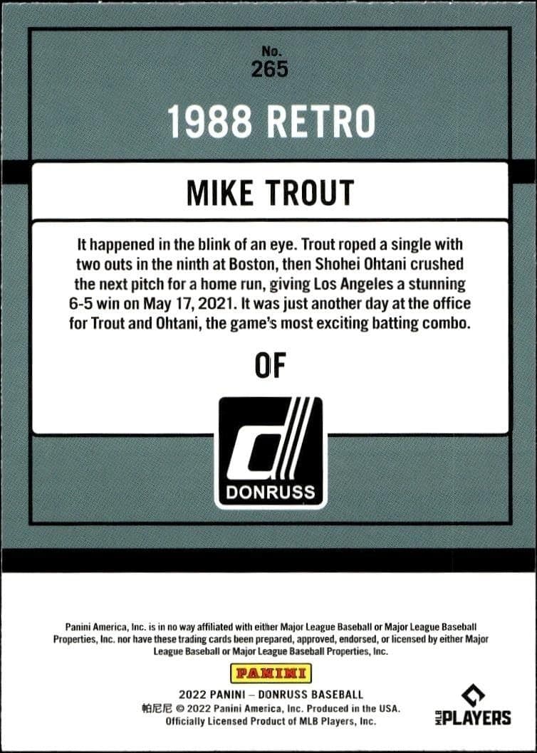 2022 Panini Donruss Mike Trout #265 baseball trading card back