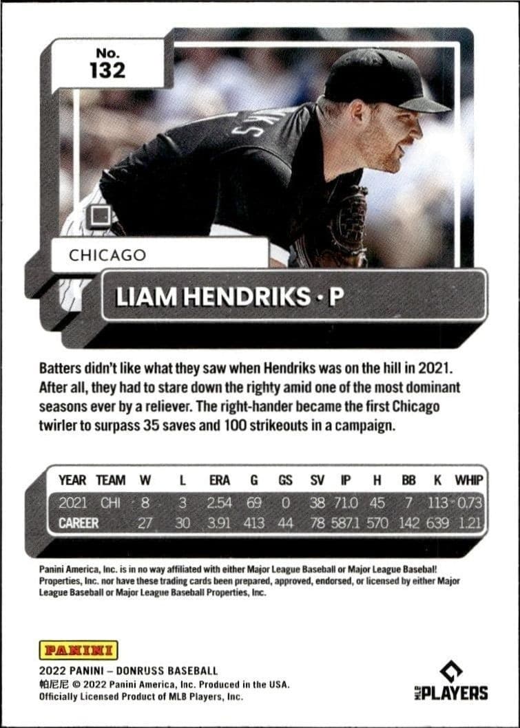 2022 Panini Donruss Liam Hendriks #132 baseball trading card back