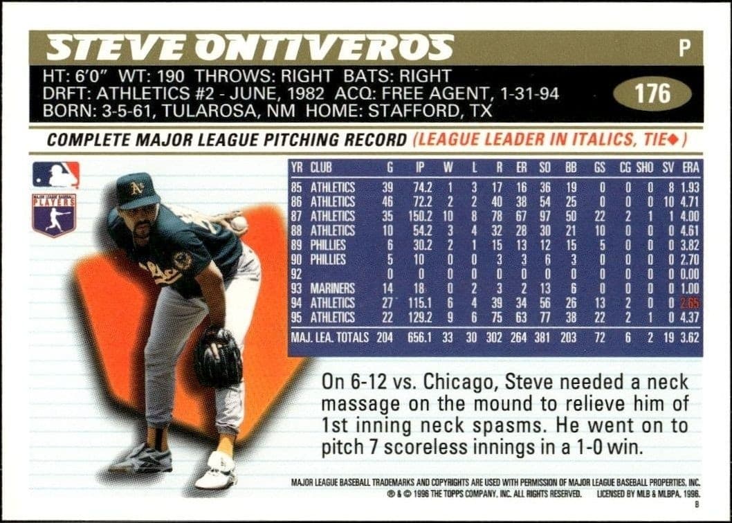 1996 Topps Steve Ontiveros #176 baseball trading card back