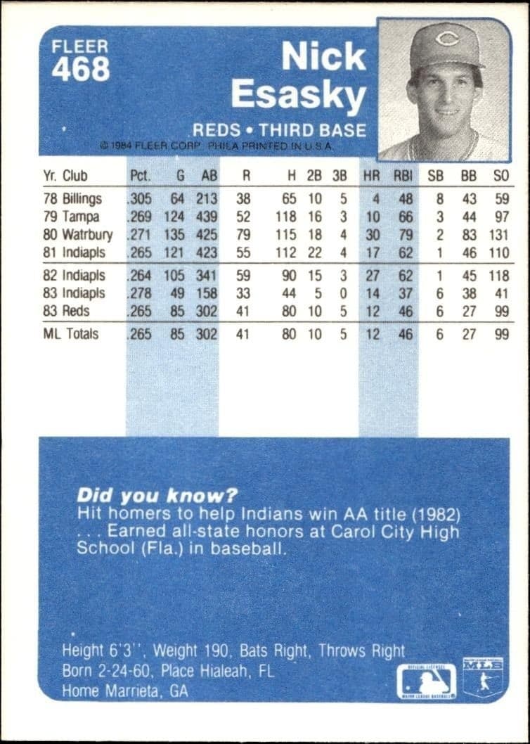 1984 Fleer Nick Esasky #468 baseball trading card back
