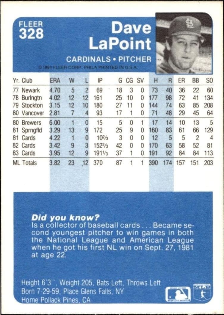 1984 Fleer Dave LaPoint #328 baseball trading card back