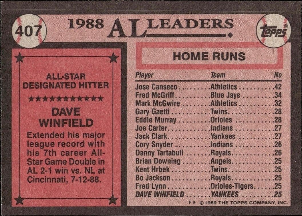 1989 Topps Dave Winfield #407 baseball trading card back