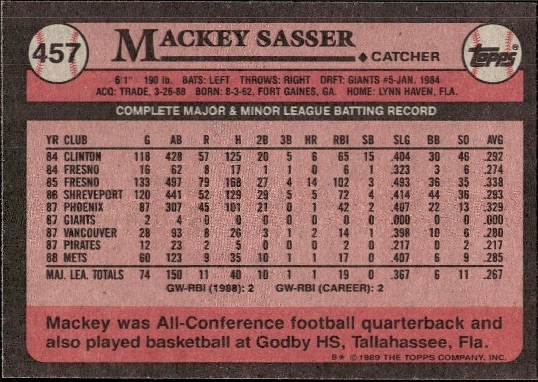 1989 Topps Mackey Sasser #457 baseball trading card back