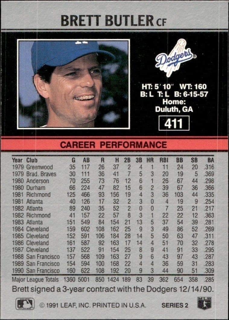 1991 Leaf Brett Butler #411 baseball trading card back