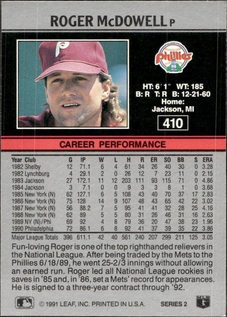 1991 Leaf Roger McDowell #410 baseball trading card back