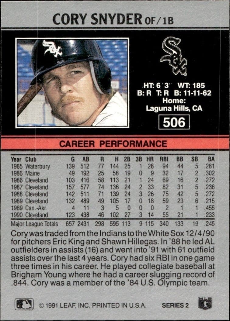 1991 Leaf Cory Snyder #506 baseball trading card back