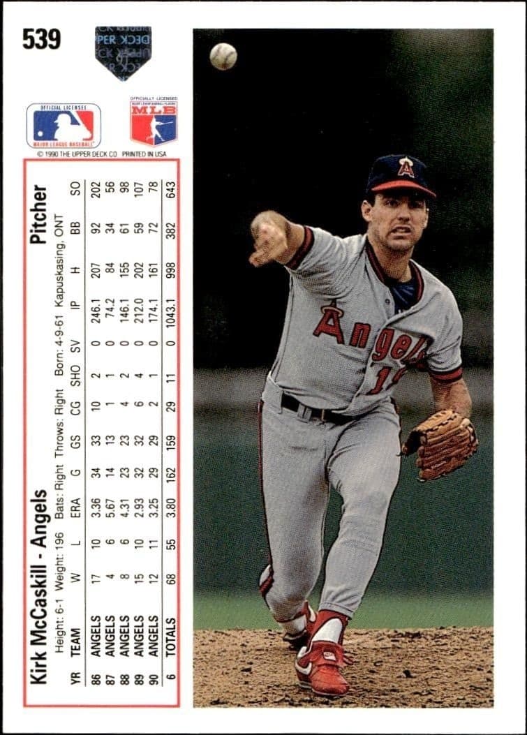 1991 Upper Deck Low Number Kirk McCaskill #539 baseball trading card back