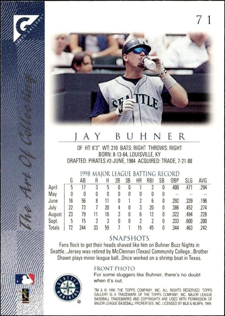 1999 Topps Gallery Jay Buhner #71 baseball trading card back