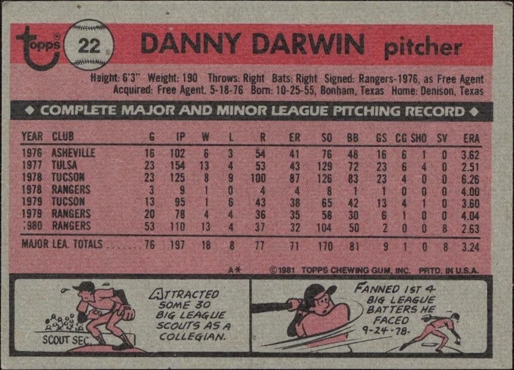 1981 Topps Danny Darwin #22 baseball trading card back