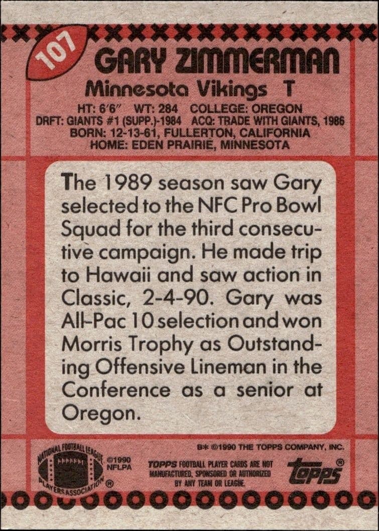 1990 Topps Gary Zimmerman #107 football trading card back