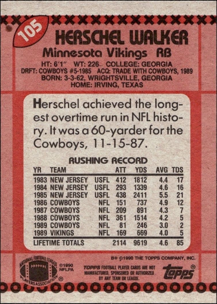 1990 Topps Herschel Walker #105 football trading card back