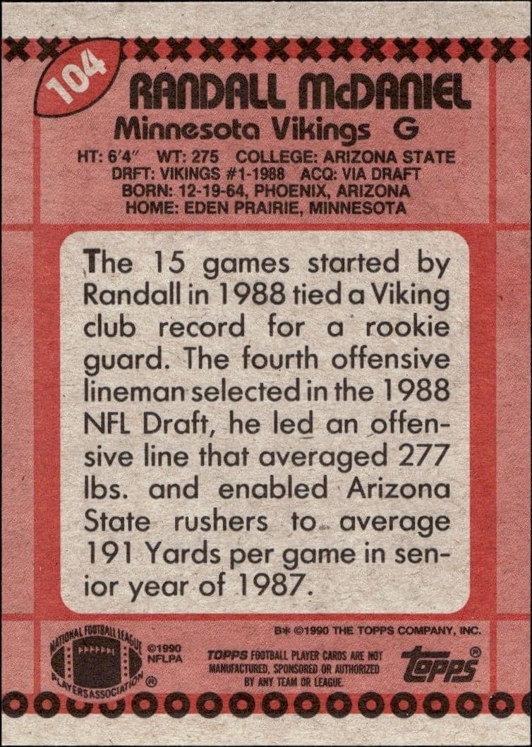 1990 Topps Randall McDaniel #104 football trading card back