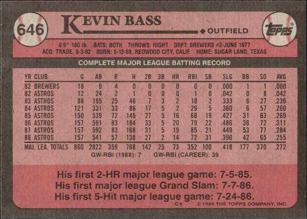 1989 Topps Kevin Bass #646 baseball trading card back
