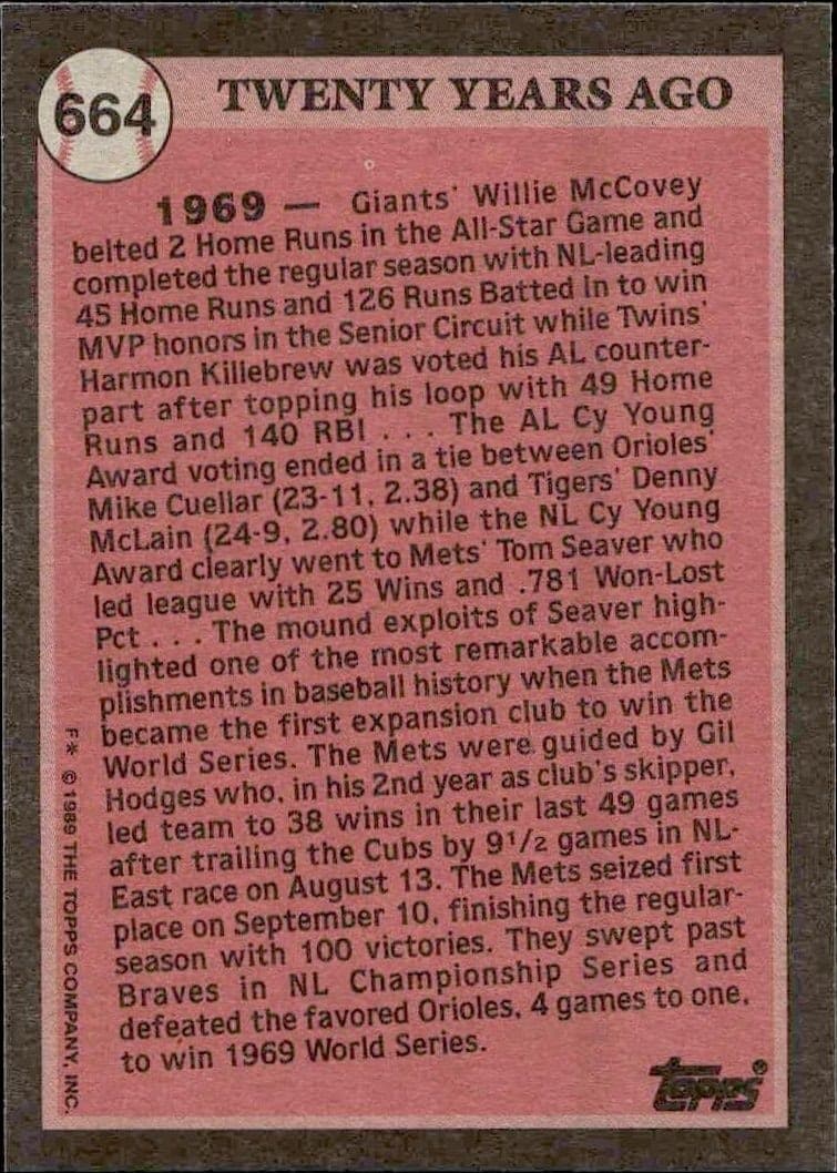 1989 Topps Gil Hodges #664 baseball trading card back