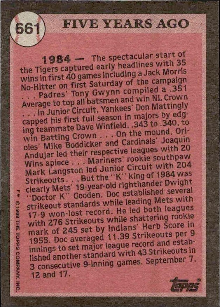 1989 Topps Dwight Gooden #661 baseball trading card back