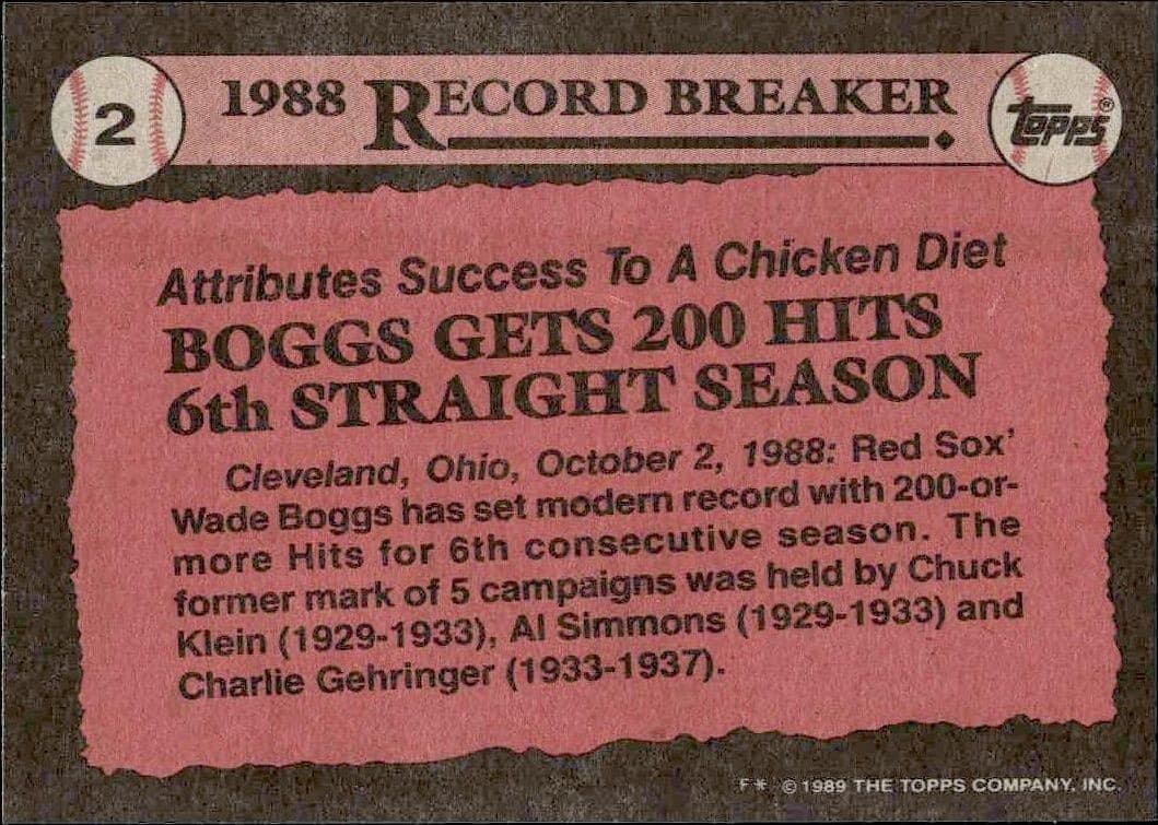 1989 Topps Wade Boggs #2 baseball trading card back