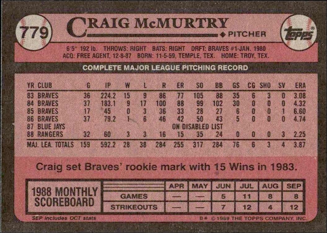 1989 Topps Craig McMurtry #779 baseball trading card back