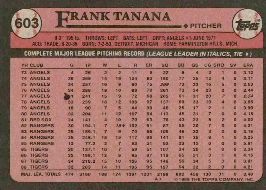 1989 Topps Frank Tanana #603 baseball trading card back