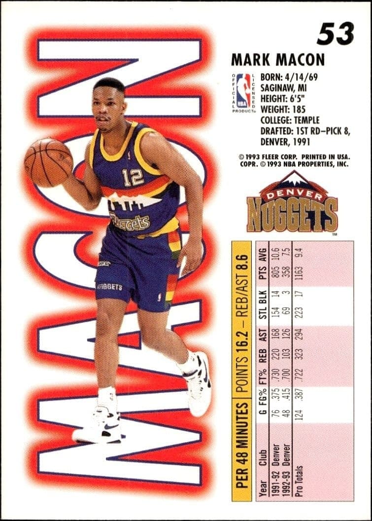 1993-94 Fleer Mark Macon #53 basketball trading card back