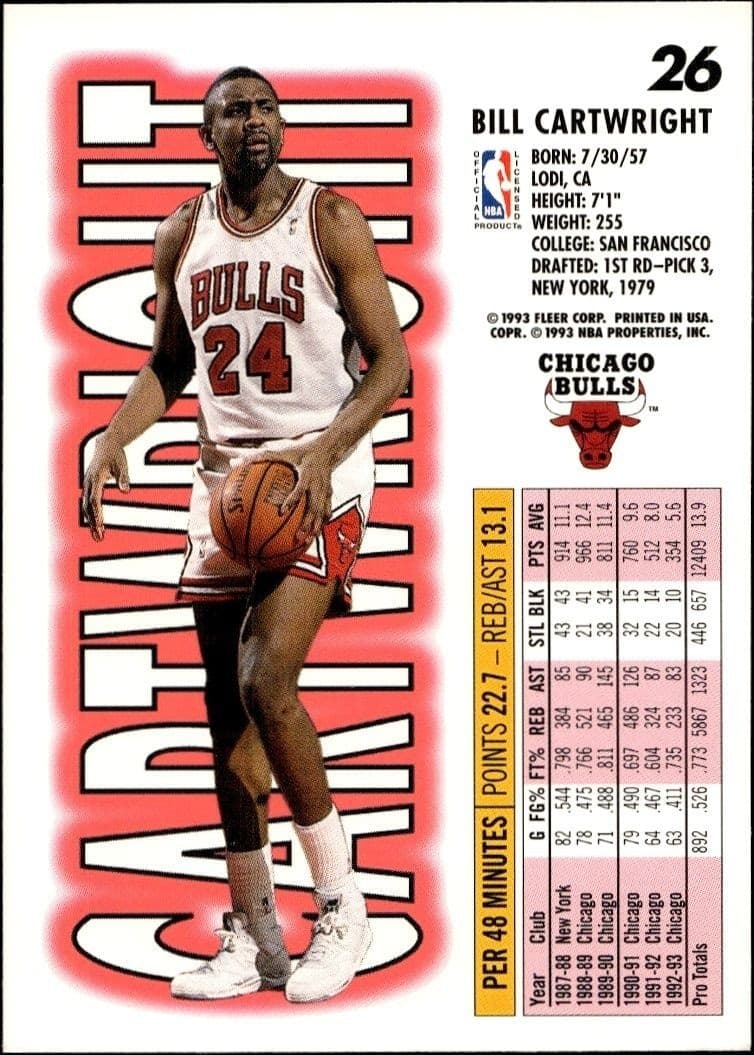 1993-94 Fleer Bill Cartwright #26 basketball trading card back