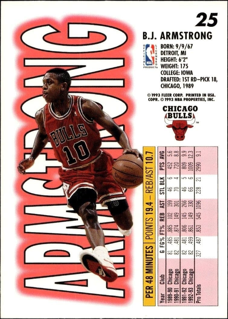 1993-94 Fleer B.J. Armstrong #25 basketball trading card back