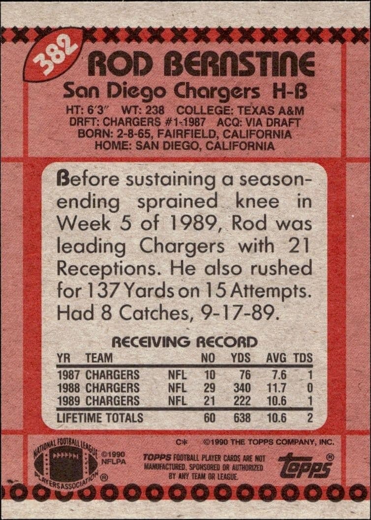 1990 Topps Rod Bernstine #382 football trading card back