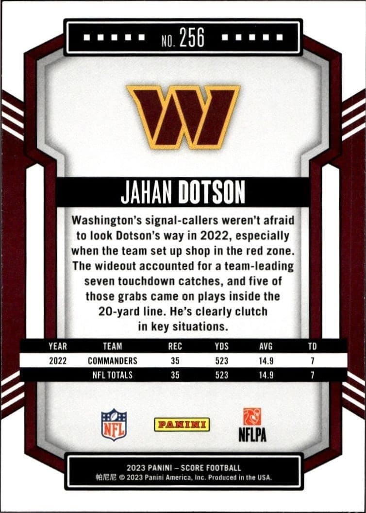 2023 Panini Score Jahan Dotson #256 football trading card back