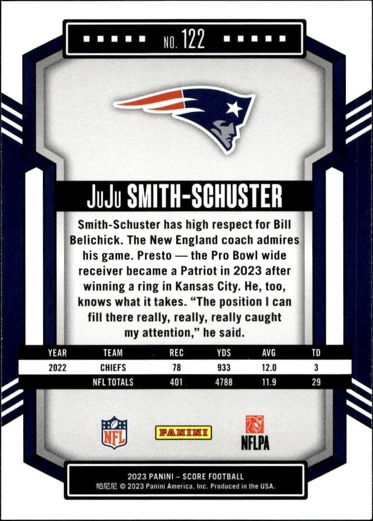 2023 Panini Score Juju Smith-Schuster #122 football trading card back