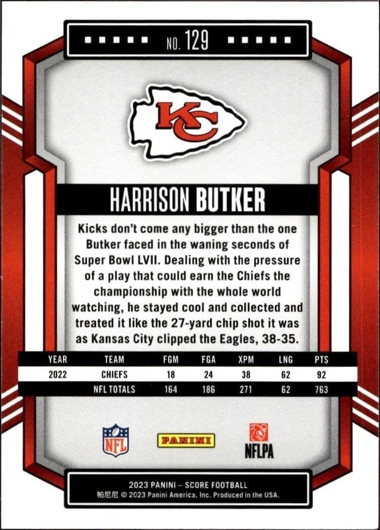 2023 Panini Score Harrison Butker #129 football trading card back