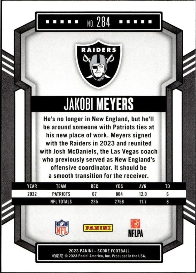 2023 Panini Score Jakobi Meyers #284 football trading card back