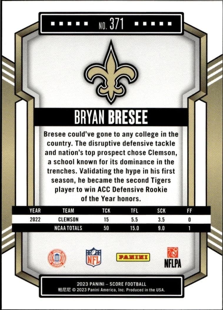 2023 Panini Score Bryan Bresee #371 football trading card back